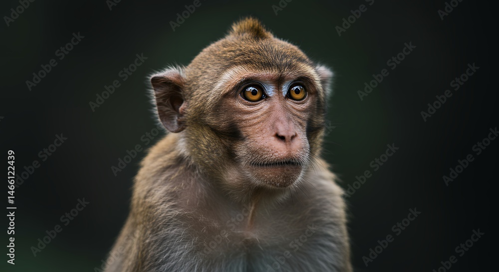 Monkey Portrait: Pensive Gaze, Dark Background, Wildlife Photography