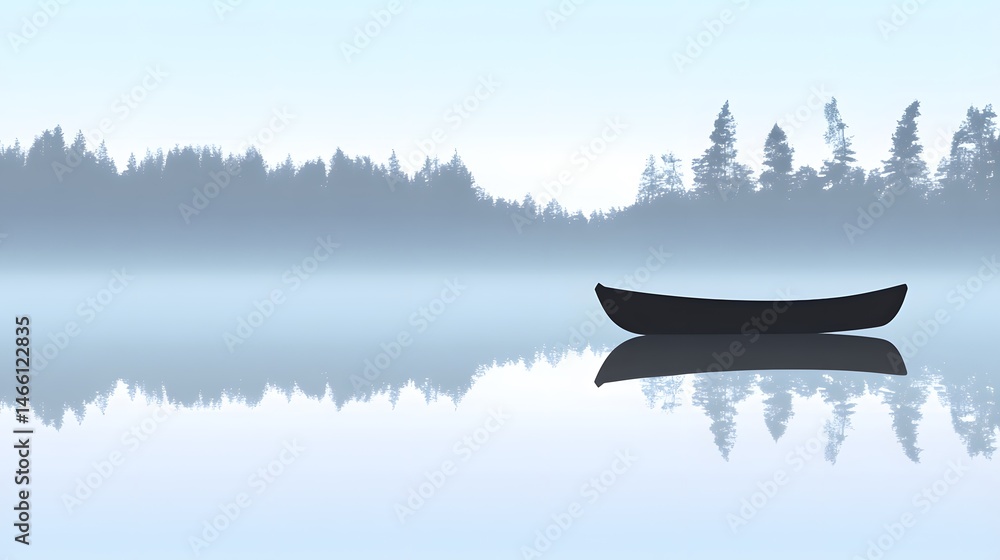 Silhouette small rowing boat floating on still water with early morning mist and perfect reflection, capturing peaceful mood of nature at dawn in tranquil and quiet lakeside setting