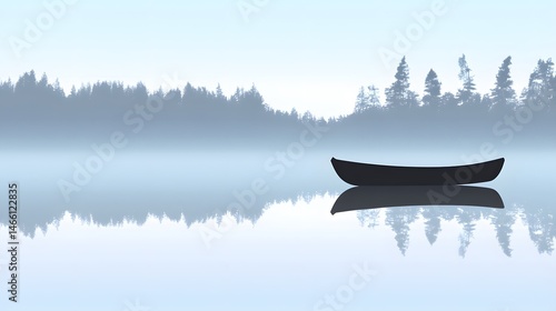 Obraz na płótnie Silhouette small rowing boat floating on still water with early morning mist and perfect reflection, capturing peaceful mood of nature at dawn in tranquil and quiet lakeside setting w salonie