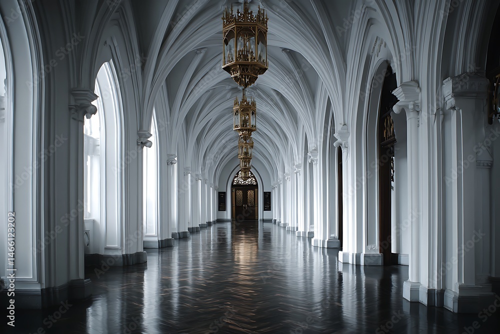 Fototapeta premium A beautiful fantasy interior of an empty throne room, with a marble floor featuring intricate patterns and silver trim with window light rays.
