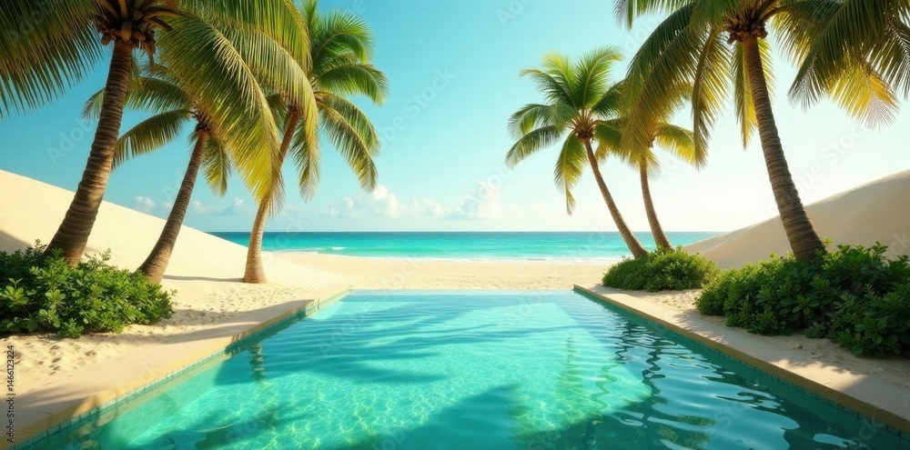 Fototapeta premium Emerald water pool amidst towering palms; shimmering sand dunes surround , yellow, gold