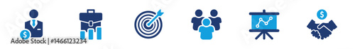 Business people icon collection including male and female professionals, teamwork, target achievement, presentation, and customer service in solid style