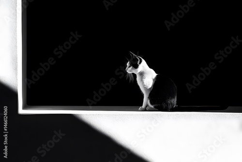 Silhouette of domestic cat sitting quietly on windowsill as soft morning light glows through frame, creating peaceful mood with elegant edges and minimalist home interior detail