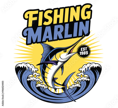 Striking Marlin Fish Jumping Out of Ocean Waves Vintage Fishing Logo