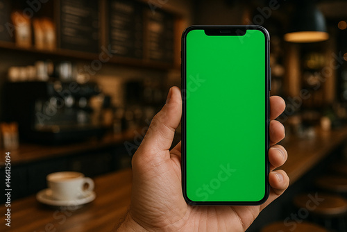 hand holding smart phone with blank screen at the coffe shop