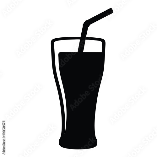 drinking straw in glass vector silhouette icon, black and white illustration of drinks.