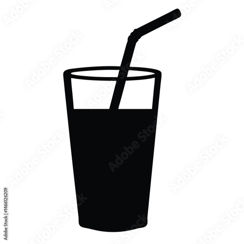 drinking straw in glass vector silhouette icon, black and white illustration of drinks.