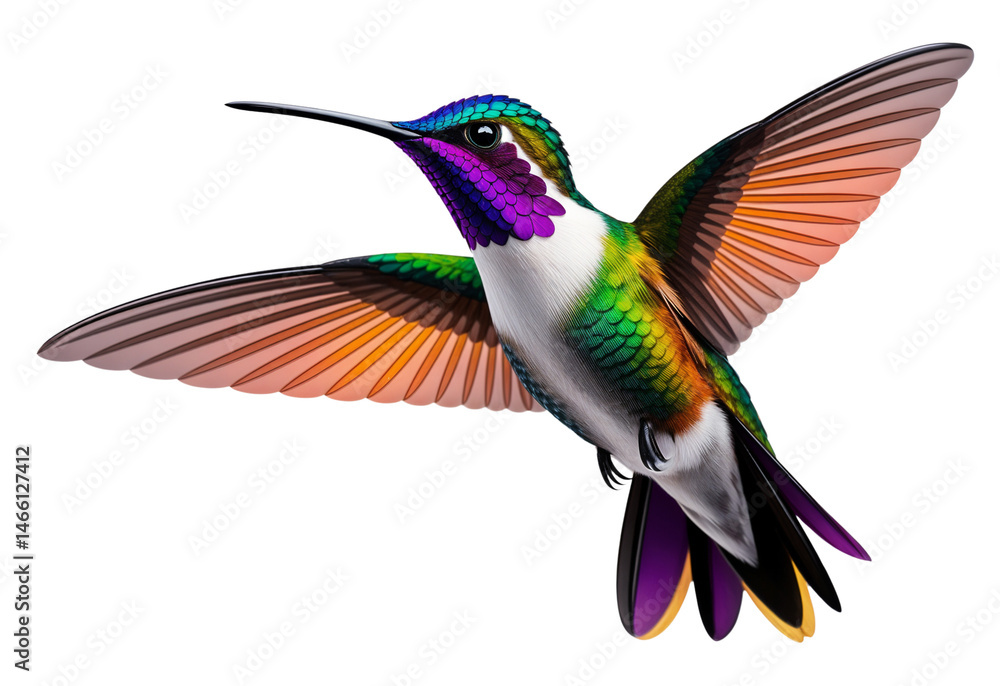 Fototapeta premium Colorful Hummingbird in Mid-Flight Against White Background