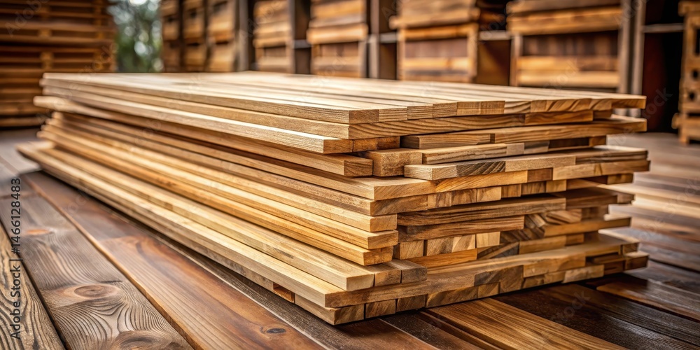 Fototapeta premium Stack of teak wood planks on a wooden table