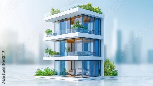 Contemporary eco friendly home with green plants and sustainable modern architecture featuring minimal design with blurred city background view
