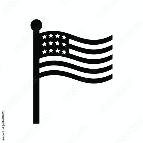 Simple Black and White American Flag Icon on Pole