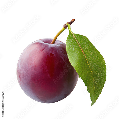 Single plum with leaf isolated on transparent background