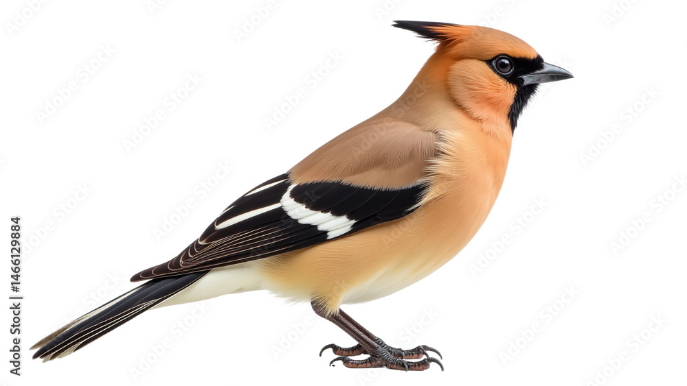Fototapeta premium Vibrant American Goldfinch perched on clean white background, detailed profile of colorful wild bird, natural beauty and avian life
