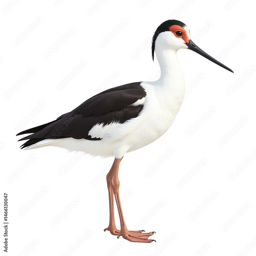 Obraz premium Elegant black-necked stilt bird standing isolated on white background for wildlife conservation marketing campaigns, eco-friendly branding, and nature-inspired corporate presentations with copy