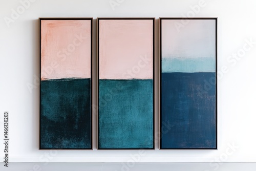 Three abstract paintings in muted tones, displayed vertically.