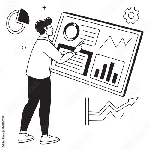 Businessman using digital screen to analyze key performance indicators (KPI) with various graphs and charts, showcasing data 
analysis and performance tracking.