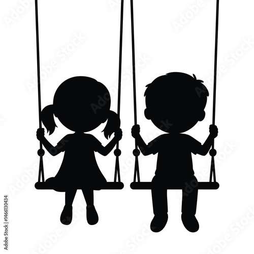 Silhouette of Girl and Boy on Swings Playing Together