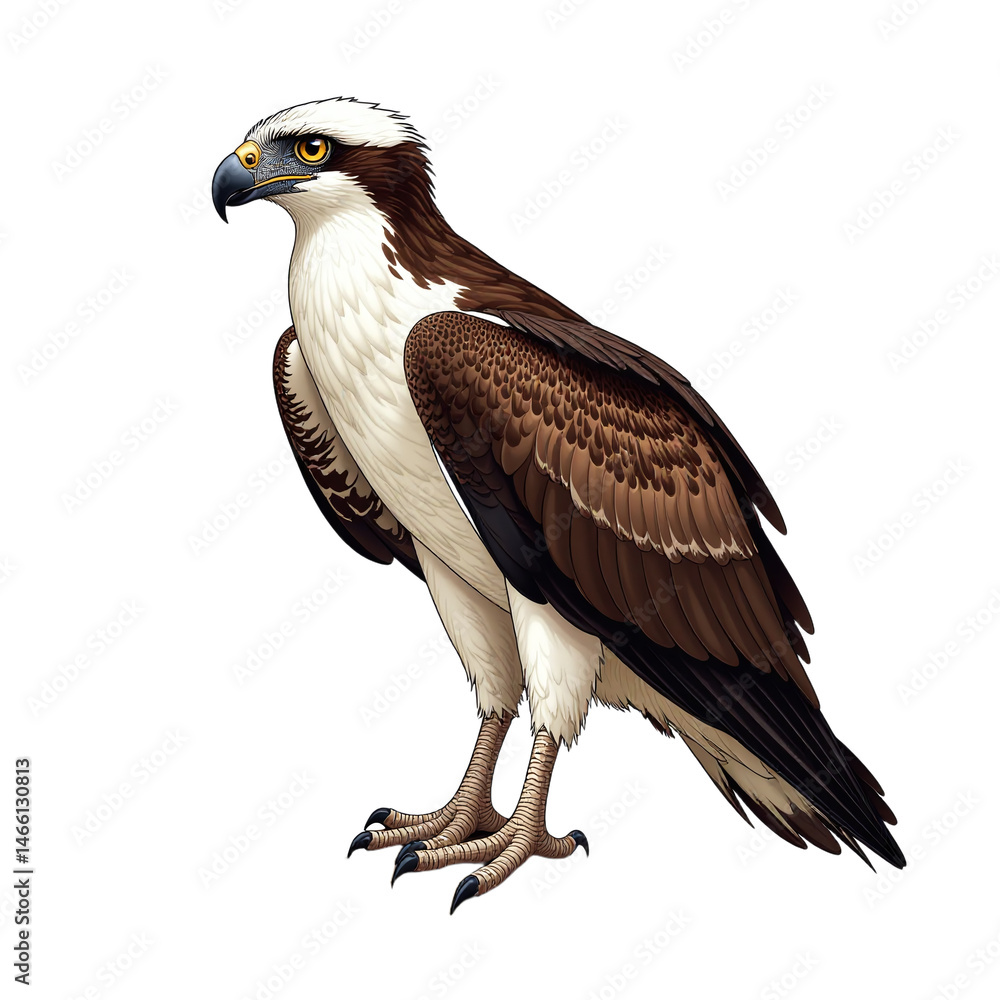 Fototapeta premium majestic brown and white eagle standing confidently on solid white background with sharp talons and piercing gaze for wildlife and conservation marketing campaigns