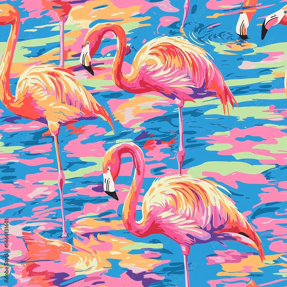 Obraz premium Exotic Pink Flamingo Birds in Vibrant Tropical Seamless Pattern - Colorful and Whimsical Wildlife Designs