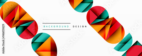 Abstract geometric shapes overlap, creating vibrant colorful background. Modern design features circular segments, dynamic composition.