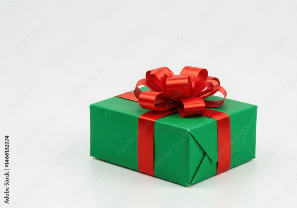 A green gift box with red ribbon on a white surface in studio light A green gift box with red ribbon on a white surface in studio light