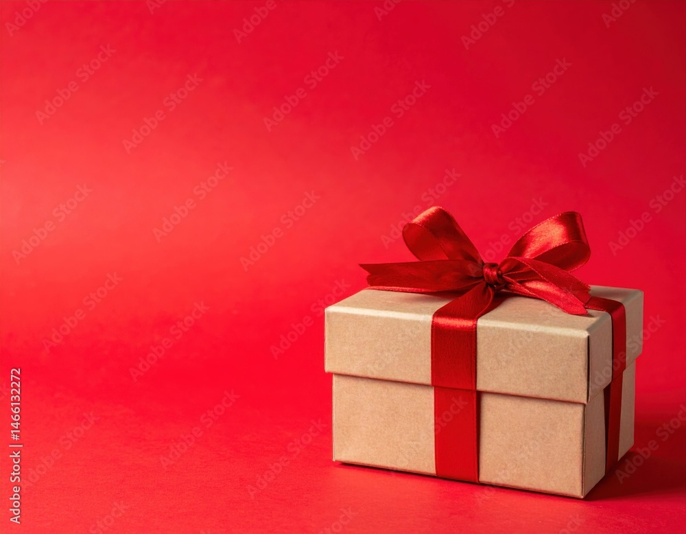 Obraz premium Elegant kraft paper gift box with red satin ribbon bow on vibrant red background for holiday celebrations and special occasions.