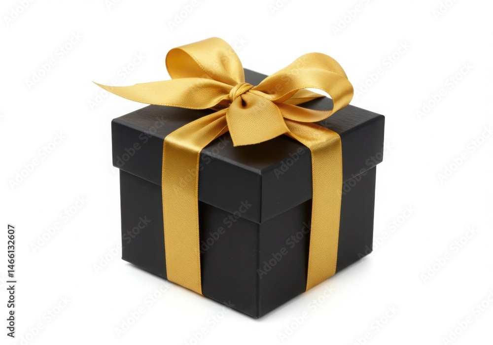 A black box with a gold ribbon and bow on a white background studio A black box with a gold ribbon and bow on a white background studio