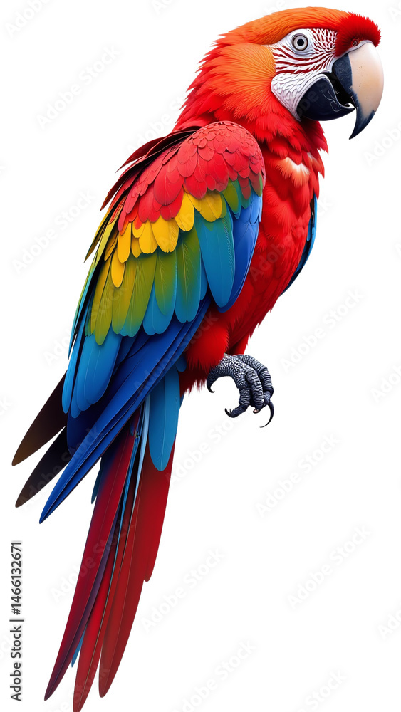 Fototapeta premium Scarlet macaw parrot illustration, vibrant tropical bird with red yellow and blue feathers, exotic wildlife animal isolated on white background