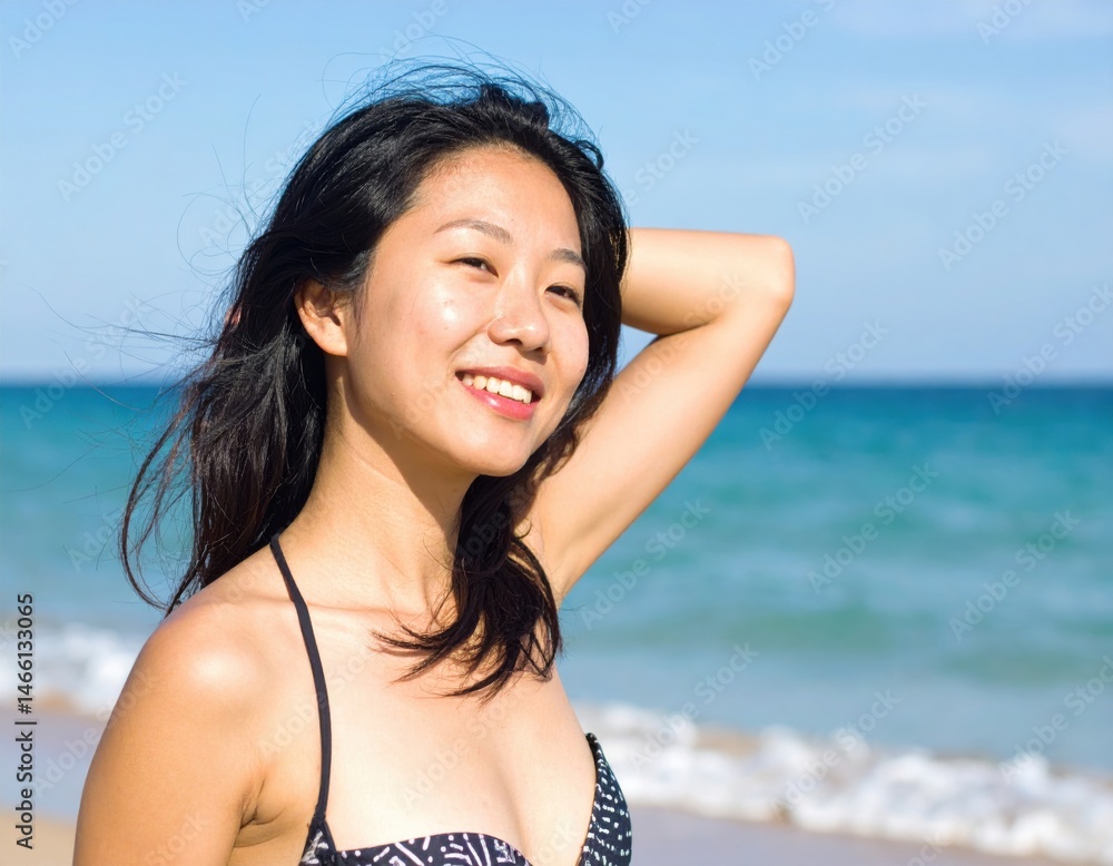 Young woman enjoying sunny day at tropical beach with turquoise ocean. Young woman enjoying sunny day at tropical beach with turquoise ocean.