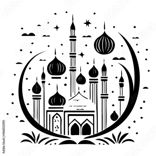 Elegant Islamic Architecture Silhouette Under a Crescent Moon and Scattered Stars