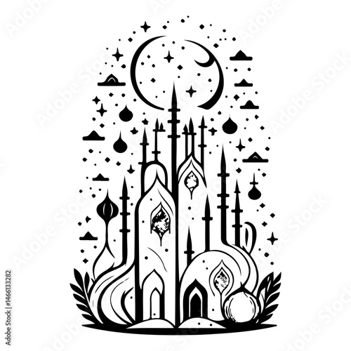 Stylized monochrome illustration of a fanciful castle under a celestial canopy