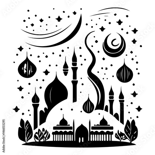 Whimsical Mosque Silhouette Under Crescent Moon and Starry Nightscape Drawing