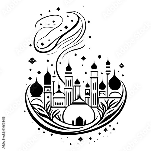 Stylized monochrome depiction of a city with eastern architectural elements