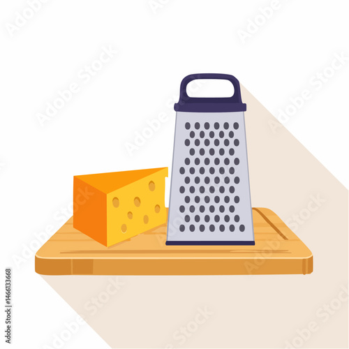 Cheese Block with Metal Grater on Wooden Board – Cooking Ingredient Vector Illustration


