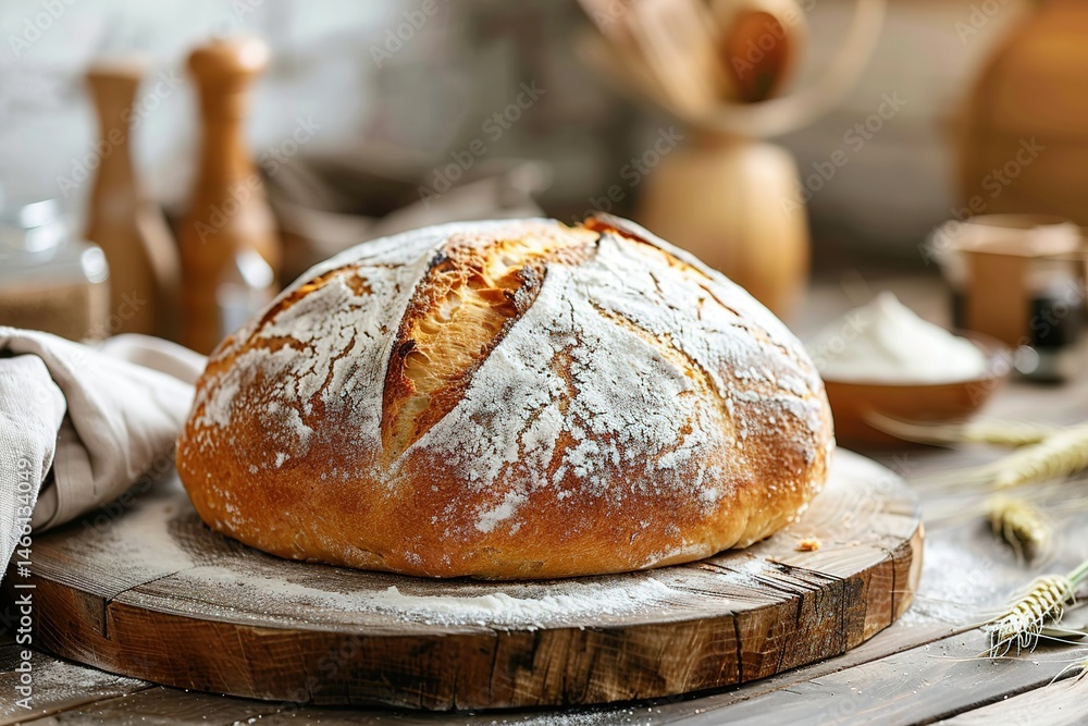 Rustic loaf: freshly baked bread dusted with flour sits on a wooden board Warm light Rustic loaf: freshly baked bread dusted with flour sits on a wooden board Warm light