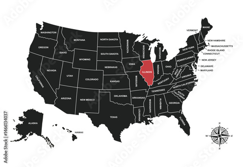Illinois , USA, vector map isolated on United states map. Editable blank vector map of USA.