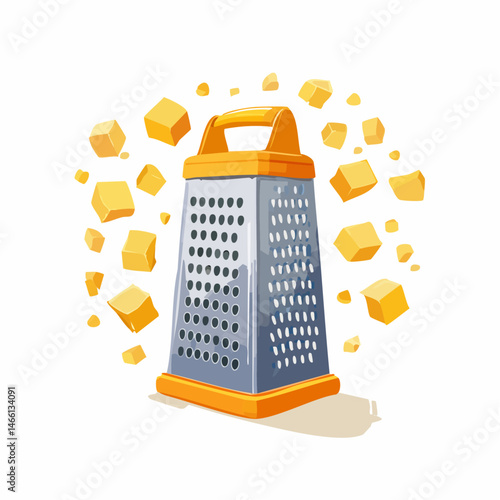Cheese Block with Metal Grater on Wooden Board – Cooking Ingredient Vector Illustration

