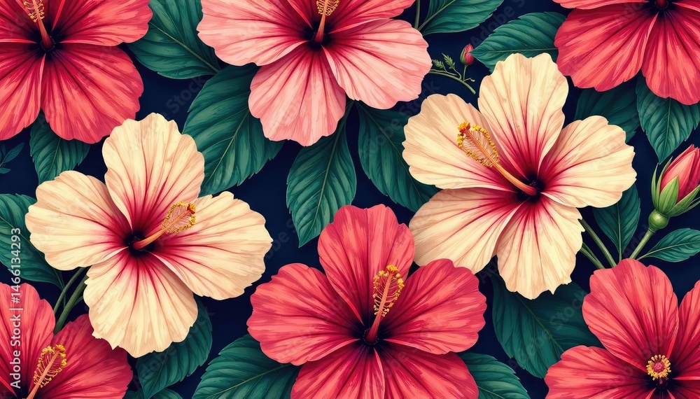 custom made wallpaper toronto digitalBold hibiscus motif, repeating floral design, rich color palette , exotic blooms, tropical flower, fabric design