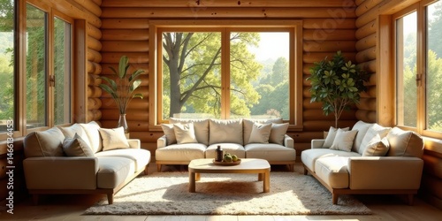 Wallpaper Mural Serene Log Cabin Living Room with Abundant Natural Light and Comfortable Seating Torontodigital.ca