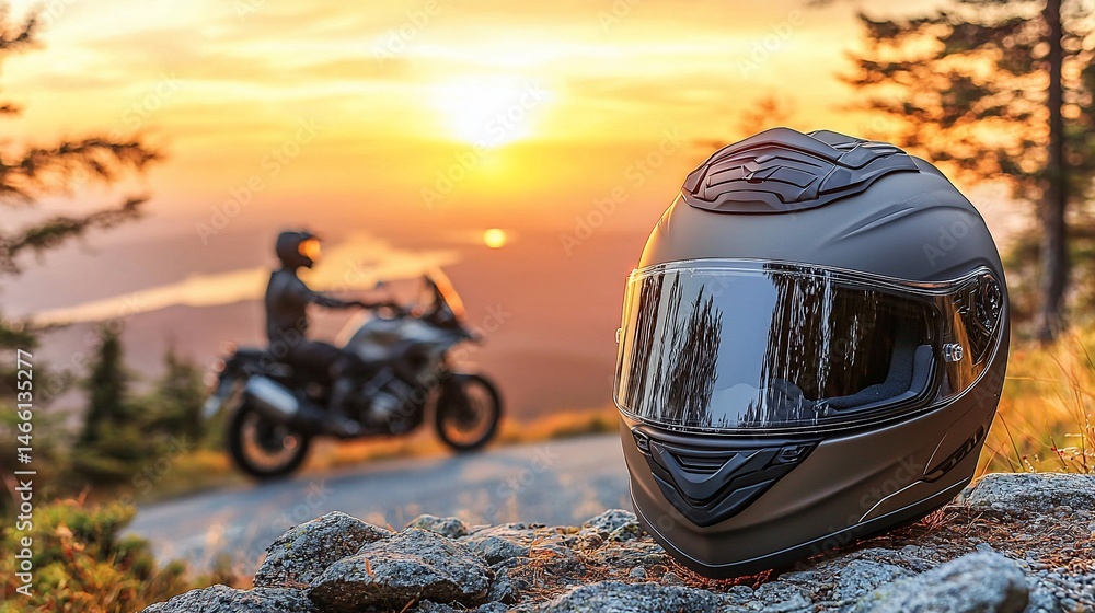 Fototapeta premium Motorcycle helmet rests on rocks, sunset backdrop