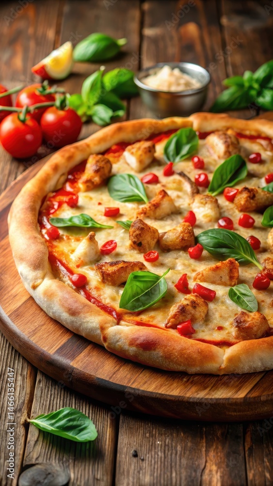 A crispy crust pizza with melted cheese and juicy chicken pieces on top A crispy crust pizza with melted cheese and juicy chicken pieces on top