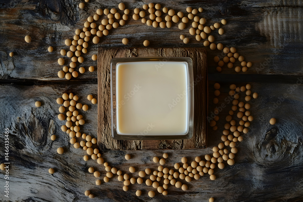 Overhead view of soy milk in square glass surrounded by soybeans arranged in concentric circles on rustic wooden table, capturing clean minimalist layout of vegan food styling and design