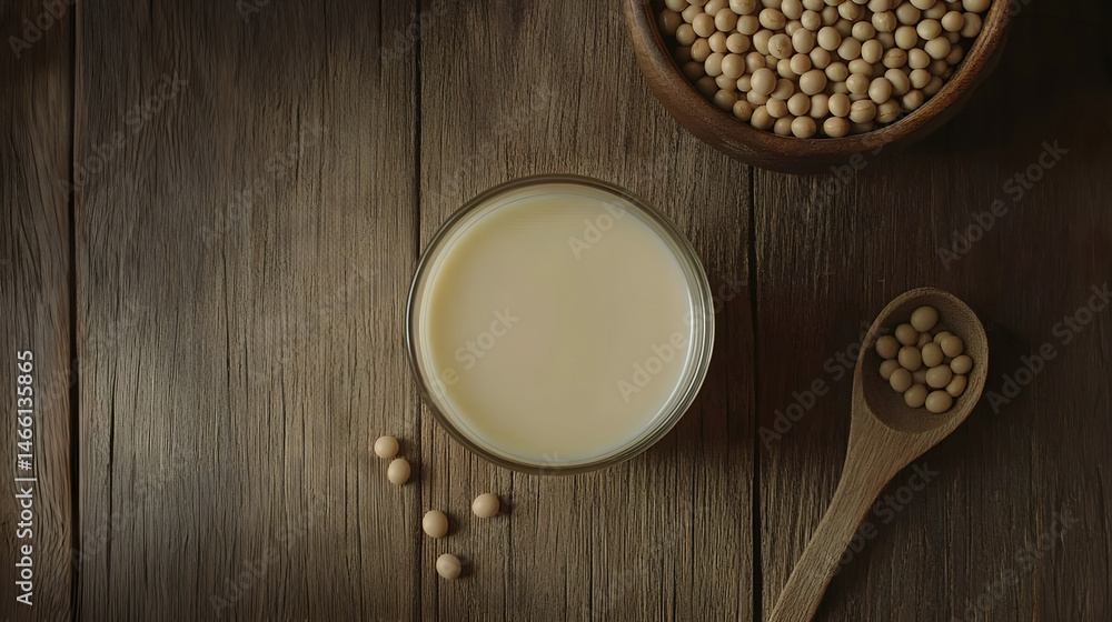 Flat lay of soy milk in clear glass with soybeans scattered around wooden spoon on textured wooden table, capturing clean and healthy moment in rustic kitchen from above in soft daylight