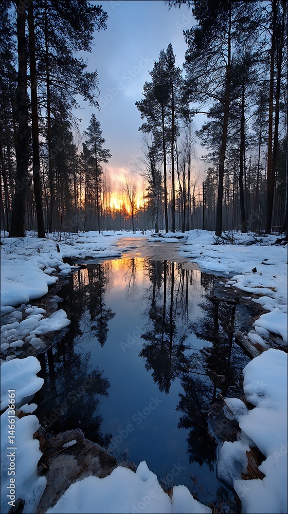 Winter Sunrise Forest Reflection. Winter Sunrise Forest Reflection.