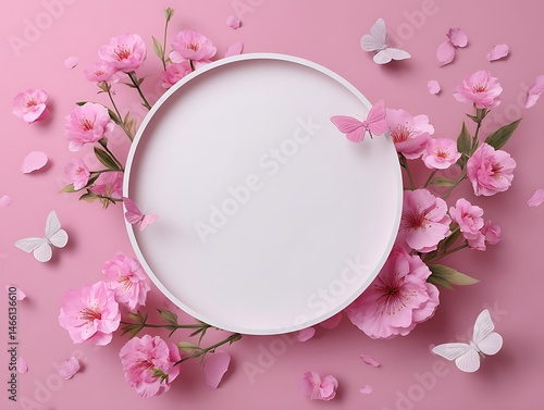 Pink background with a white circle in the center, surrounded by pink flowers and butterflies, creating an elegant composition for text or product display