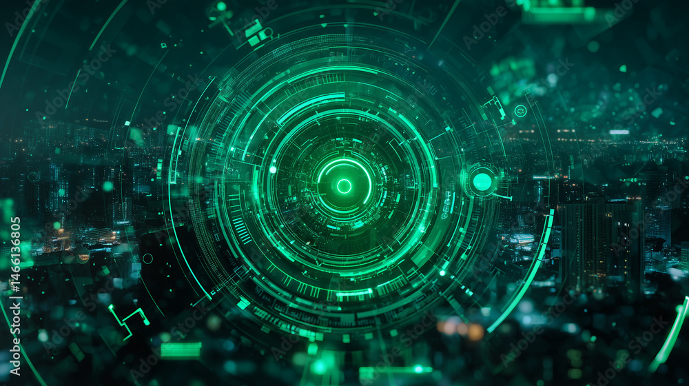 Futuristic holographic interface in green with glowing rings, HUD data dials and sci-fi elements over digital cityscape, neon Futuristic holographic interface in green with glowing rings, HUD data dials and sci-fi elements over digital cityscape, neon