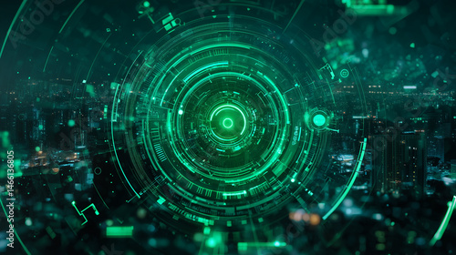 Futuristic holographic interface in green with glowing rings, HUD data dials and sci-fi elements over digital cityscape, neon