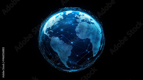 Holographic Earth globe with glowing network lines and digital streams, futuristic UI style on dark background
