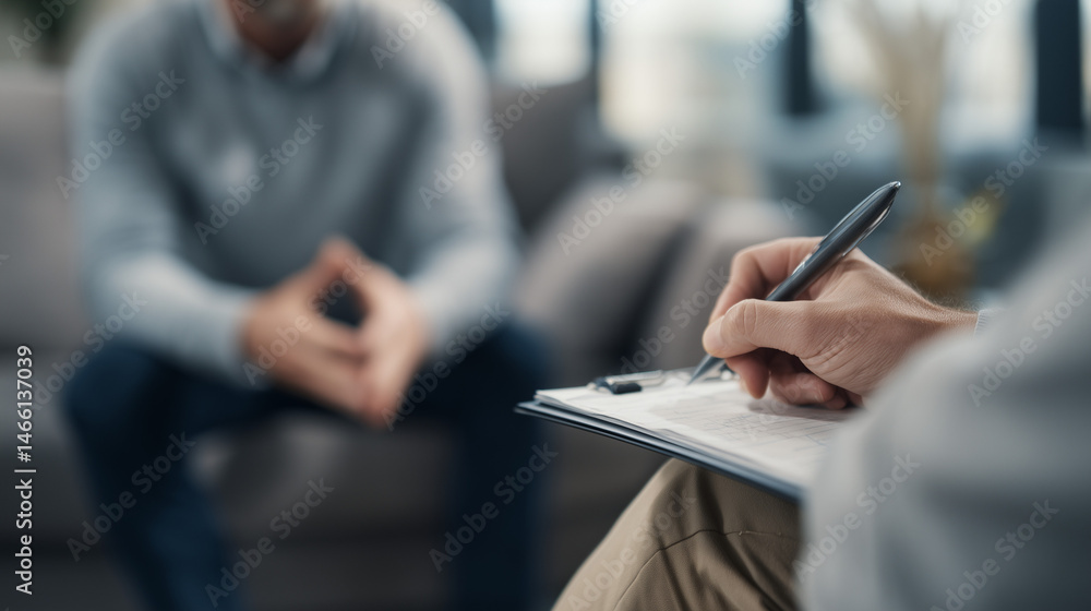 Therapist writing on clipboard while patient speaks, close-up of anxious hands and subtle body language during session, low camera angle Therapist writing on clipboard while patient speaks, close-up of anxious hands and subtle body language during session, low camera angle