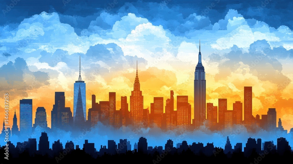 Fototapeta premium Pixelated cityscape during sunset with watercolor sky abstract downtown illustration vector skyline urban architecture modern concept